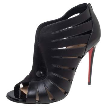 Pre Owned Christian Louboutin Black Leather And Suede Cut-Out Open Toe Ankle Booties Size 37.5
