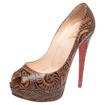 Pre Owned Christian Louboutin Brown Printed Leather Altadama Platform Peep Toe Pumps Size 40