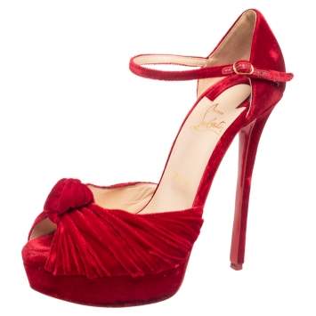 Pre Owned Christian Louboutin Red Velvet Peep Toe Platform Ankle Strap Sandals Size 39