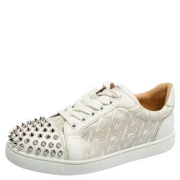 Pre Owned Christian Louboutin White Leather and PVC Louis Spikes Low-Top Sneakers Size 36.5