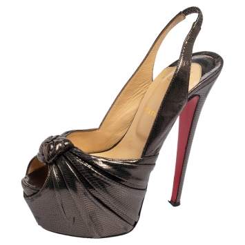 Christian Louboutin Metallic Bronze Lizard Embossed Leather Miss Benin Knotted Platform Slingback Sandals Size 39