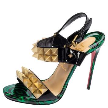 Pre Owned Christian Louboutin Black/Green Patent Leather Miziggoo Spiked Ankle Strap Sandals Size 38.5