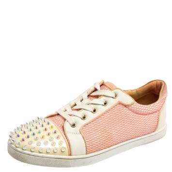 Pre Owned Christian Louboutin Pink Fabric And Patent Leather Spiked Louis Junior Sneakers Size 40.5