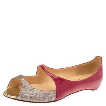 Pre Owned Christian Louboutin Red/Silver Glitter And Patent Leather  Open Toe Ballet Flats Size 39