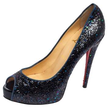 Pre Owned Christian Louboutin Metallic Blue Glitter and Fabric New Very Prive Peep Toe Pumps Size 39.5