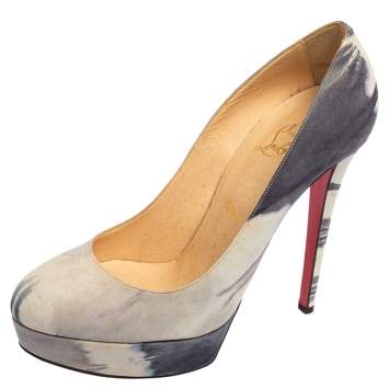 Pre Owned Christian Louboutin Grey/White Suede Marble Print Tie Dye Round-Toe Platform Pumps Size 39.5