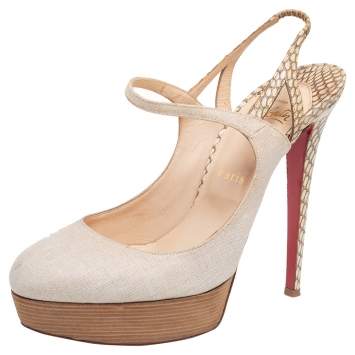 Pre Owned Christian Louboutin Beige Canvas and Snakeskin Fine Bretelle Slingback Pumps Size 39.5