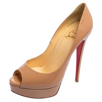 Pre Owned Christian Louboutin Beige Patent Leather Lady Peep-Toe Platform Pumps Size 39