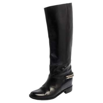 Pre Owned Christian Louboutin Black Leather Cate Chain-Trimmed Calf-Length Boots Size 37