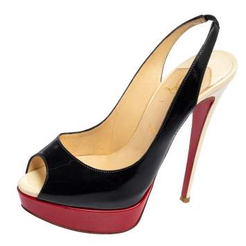 Pre Owned Christian Louboutin Black/Red Patent Leather Slingback Lady Peep Toe Sandals Size 38.5
