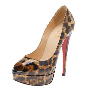 Pre Owned Christian Louboutin Brown Leopard Print Patent Leather Lady Peep Toe Platform Pumps Size 36.5