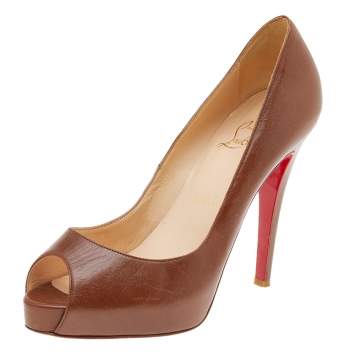 Pre Owned Christian Louboutin Brown Leather Lady Peep Toe Platform Pumps Size 37.5
