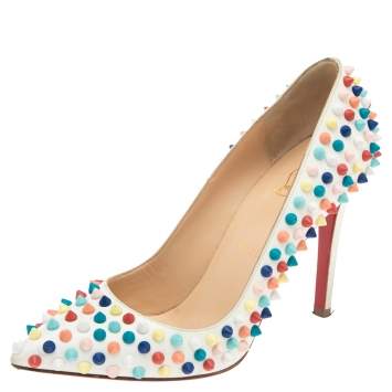 Pre Owned Christian Louboutin Multicolor Leather Pigalle Spikes Pointed-Toe Pumps Size 37.5