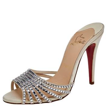 Pre Owned Christian Louboutin White Satin Strass Desir Slide Sandals Size 38.5
