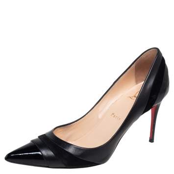 Pre Owned Christian Louboutin Black Patent Leather, Suede and Leather Eklectica Pointed Toe Pumps Size 38.5