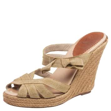 Pre Owned Christian Louboutin Beige Canvas Wedge Sandals Size 37