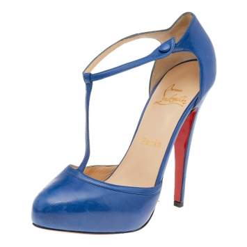 Pre Owned Christian Louboutin Blue Leather Me Pam T Strap Sandals Size 39.5