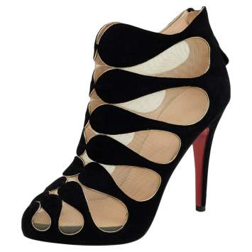 Pre Owned Christian Louboutin Black Suede And Mesh Circus Cutout Ankle Boots Size 37
