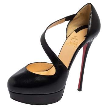 Pre Owned Christian Louboutin Black Leather Decalcoco Cross Strap Pumps 38.5