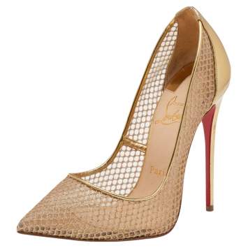 Pre Owned Christian Louboutin Metallic Gold Mesh and Leather Follies Resille Pointed Toe Pumps Size 37