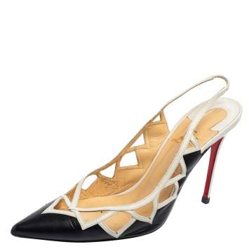 Pre Owned Christian Louboutin Black/White Leather Triangular Cut-Out Slingback Sandals Size 41