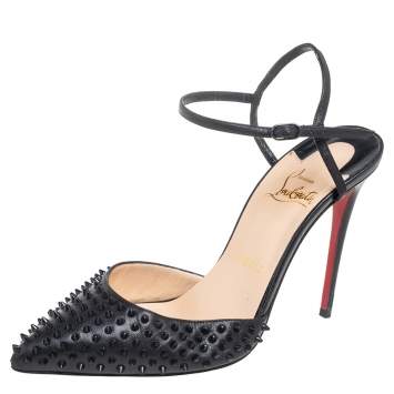Pre Owned Christian Louboutin Black Leather Spike Baila Ankle-Strap Sandals Size 37