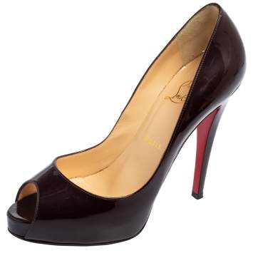 Pre Owned Christian Louboutin Dark Burgundy Patent Leather Very Prive Peep-Toe Pumps Size 39