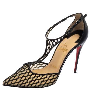 Pre Owned Christian Louboutin Black Lace and Mesh Salonu Pointed Toe T Strap Sandals Size 37