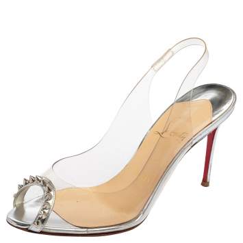 Pre Owned Christian Louboutin Silver Leather & PVC Ring My Toe Slingback Sandals Size 37.5