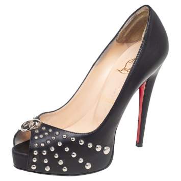 Pre Owned Christian Louboutin Black Leather Door Knock Studded Peep Toe Platform Pumps Size 38