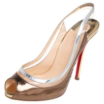 Pre Owned Christian Louboutin Gold Leather And PVC Paulina Peep Toe Slingback Sandals Size 37.5