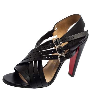 Pre Owned Christian Louboutin Black Leather Buckle Cross Strap Sandals Size 37
