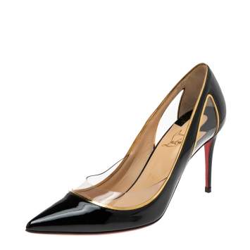 Pre Owned Christian Louboutin Black Patent Leather and PVC Cosmo Pointed-Toe Pumps Size 38