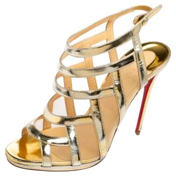 Pre Owned Christian Louboutin Metallic Gold Mesh And Leather Nicole Caged Sandals Size 38.5