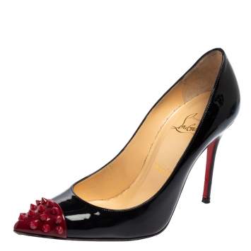 Pre Owned Christian Louboutin Black/Red Patent Leather Geo Spike Cap-Toe Pumps Size 35.5