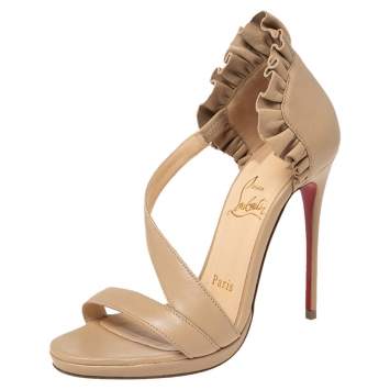 Pre Owned Christian Louboutin Beige Leather Col Ankle Ruffle D'orsay Sandals Size 35