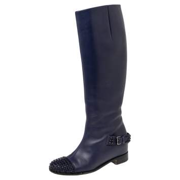 Pre Owned Christian Louboutin Blue Leather Spiked Egoutina Knee Length Boots Size 38