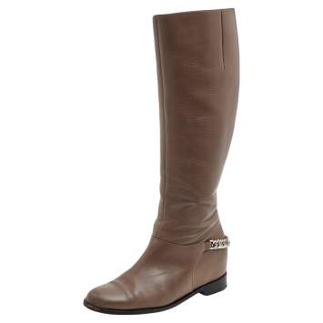 Pre Owned Christian Louboutin Grey Leather Cate Chain Knee Length Boots Size 39