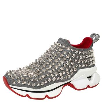 Pre Owned Christian Louboutin Silver Neoprene Spike Sock Slip On Platform Sneakers Size 36