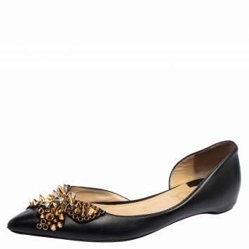 Pre Owned Christian Louboutin Black Leather Farfa Spikes D'orsay Flat Pumps Size 38.5