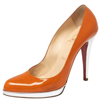Pre Owned Christian Louboutin Orange Patent Leather Decolzep Platform Pumps Size 40.5 