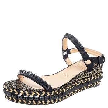 Pre Owned Christian Louboutin Black Studded Suede Cataclou Espadrille Wedge Sandals Size 40