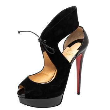 Pre Owned Christian Louboutin Black Suede Lace-Up Peep-Toe Ankle Pumps Size 39