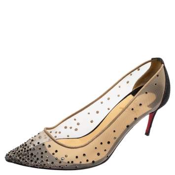 Pre Owned Christian Louboutin Black/Beige Net And Suede Crystal Embellished Pointed Toe Pumps Size 38.5