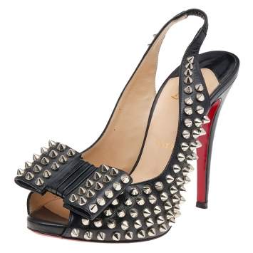 Pre Owned Christian Louboutin Black Leather Spikes Clou Noeud Slingback Sandals Size 37
