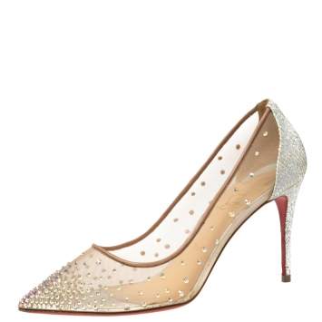 Pre Owned Christian Louboutin  Beige Mesh, Glitter, And Leather Follies Strass  Pumps Size 39