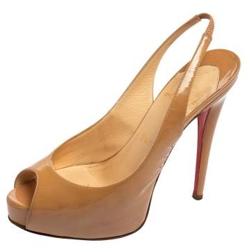 Pre Owned Christian Louboutin Beige Patent Leather Lady Peep Toe Sandals Size 37.5