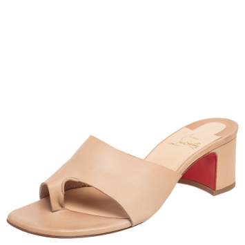 Pre Owned Christian Louboutin Beige Nubuck Leather Block Heel Sandals Size 38