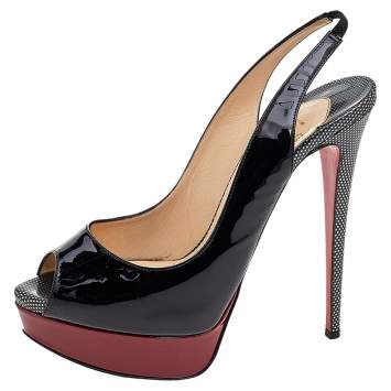 Christian Louboutin Multicolor Patent Leather Lady Peep Toe Slingback Platform Sandals Size 38.5