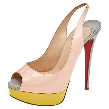 Pre Owned Christian Louboutin Multicolor Patent Leather Lady Peep Toe Slingback Platform Sandals Size 38